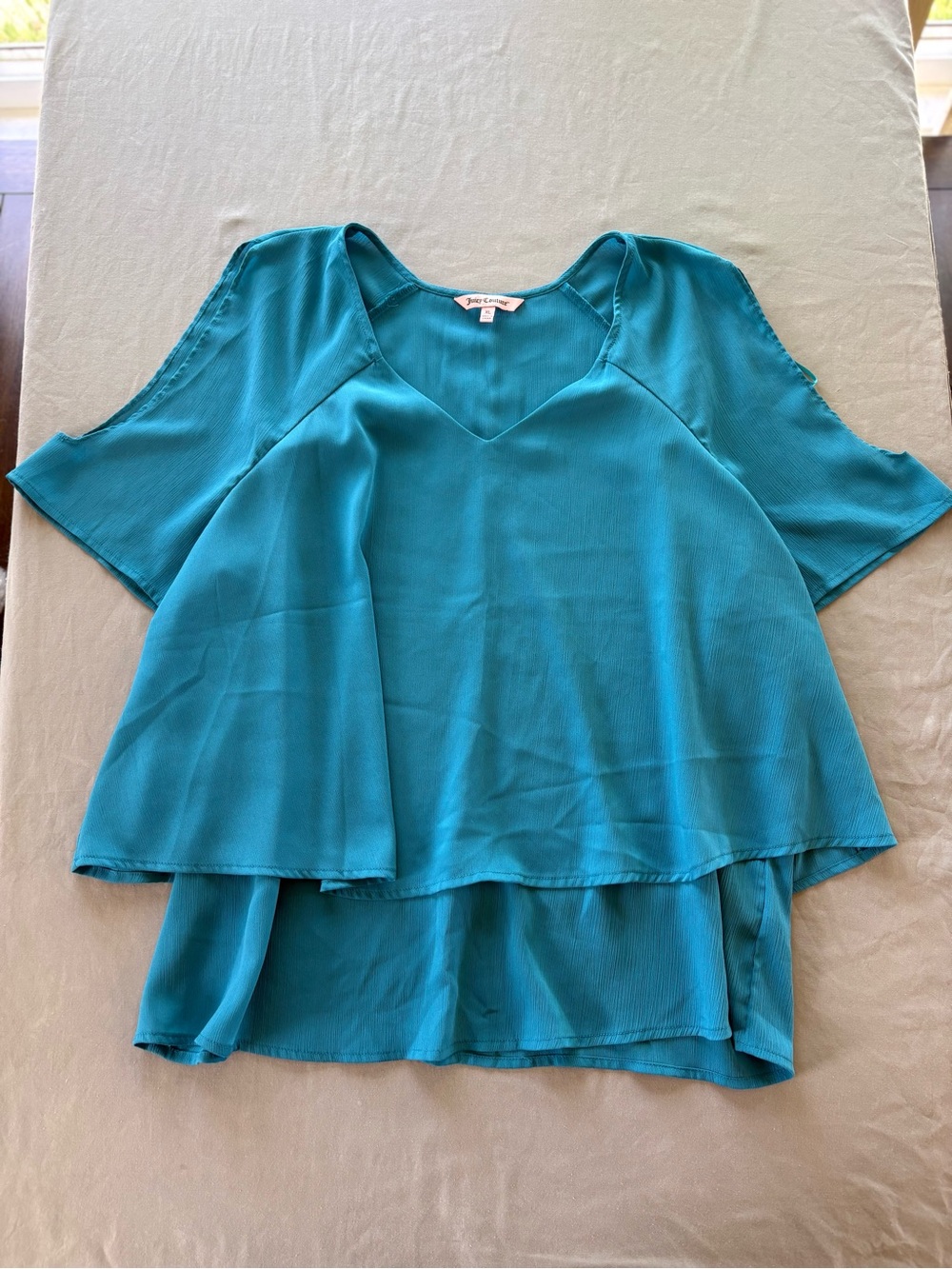 Juicy Couture Teal Layered V-Neck Blouse with Cutout sleeves